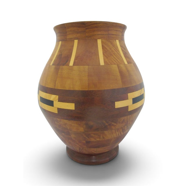 Wood Pacific Nw Hand Turned Segmented Southwest Geometric Inlaid Wood Vase For Sale - Image 7 of 11