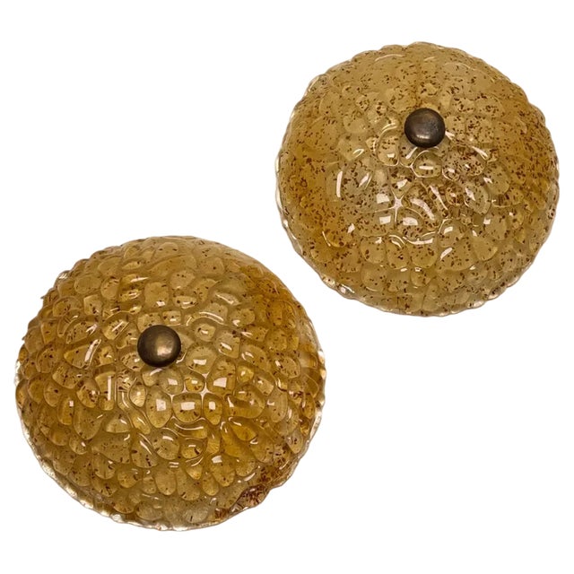 Mid-Century Amber Bubble Glass Flush Mounts, 1970s, Set of 2 For Sale