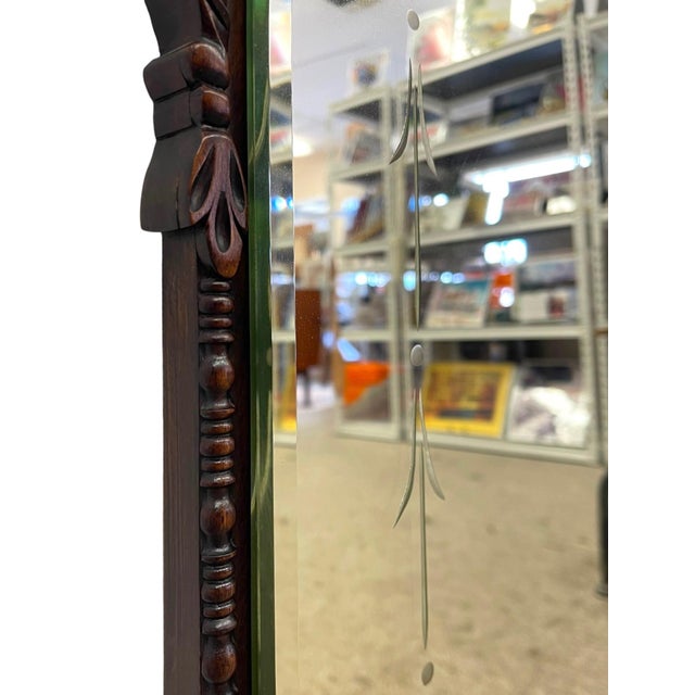 Vintage Carved Wood Arched Wall Mirror With Etched Glass Panels For Sale In Seattle - Image 6 of 10