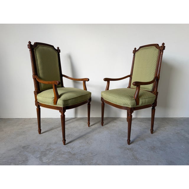 Vintage French Louis XVI Style Carved Walnut Armchairs With Green Upholstery – A Pair For Sale - Image 12 of 12