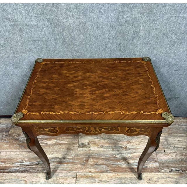Brown Louis XV Style Marquetry Game Table with Geometric Decoration, 1850s For Sale - Image 8 of 8