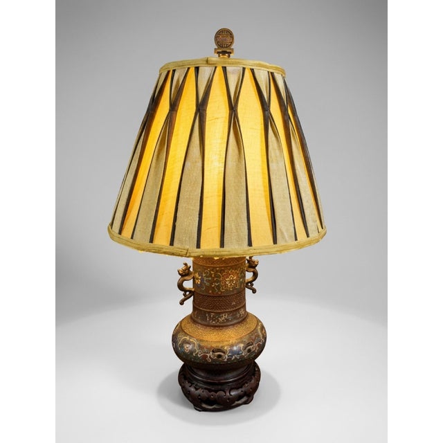Brown Late 19th Century Cloisonne Champleve Lamp With Silk O Lite Lamp Shade For Sale - Image 8 of 8