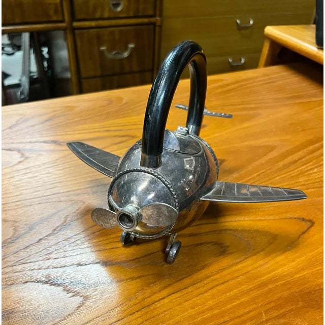 60s Art Deco Style Pottery Barn Silver Plate Airplane Teapot