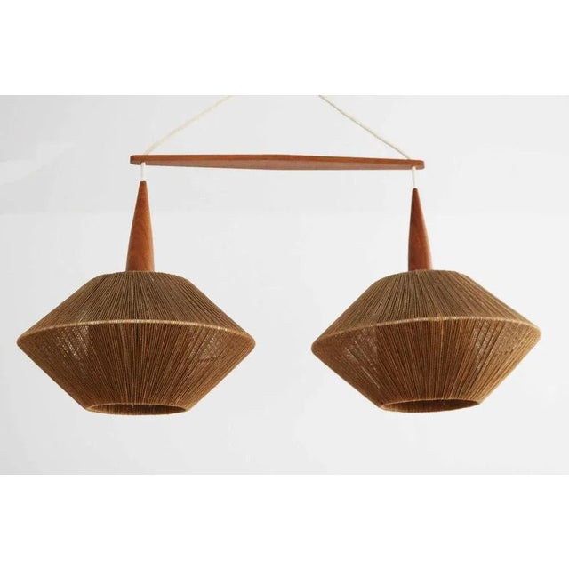 Danish Modern Teak Sisal Double Pendant Light Lamp from Temde, 1960s For Sale - Image 4 of 10