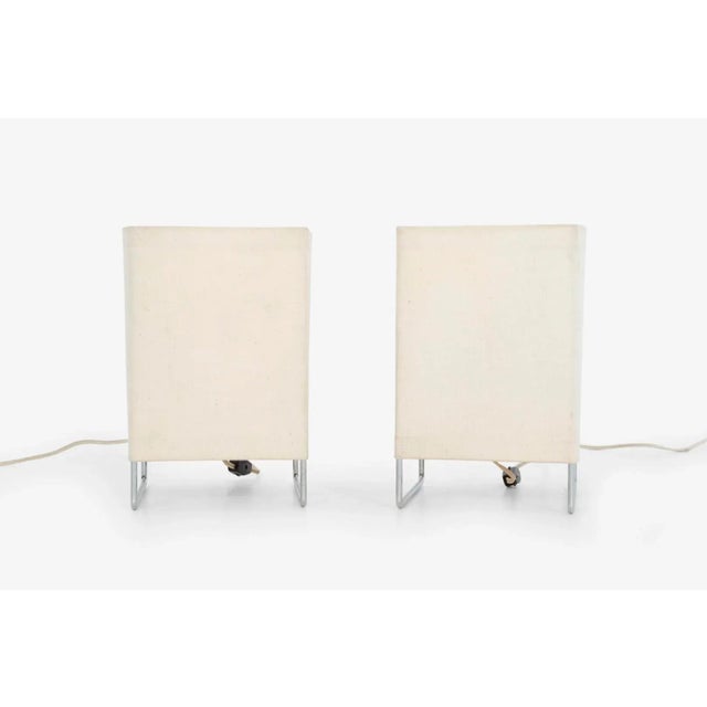 Gregory van Pelt for Wireworks Pair of Box Kite Lamps, Table-top lamps, chrome-plated steel, with original canvas.