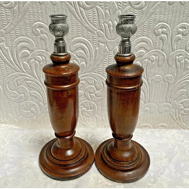 Antique 1890's Oak English Candlesticks Silver Leaf Tops- a Pair For Sale - Image 11 of 11