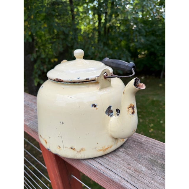 20th Century Rustic Enamel Yellow Tea Kettle Cottage Decor or Planter For Sale - Image 15 of 16