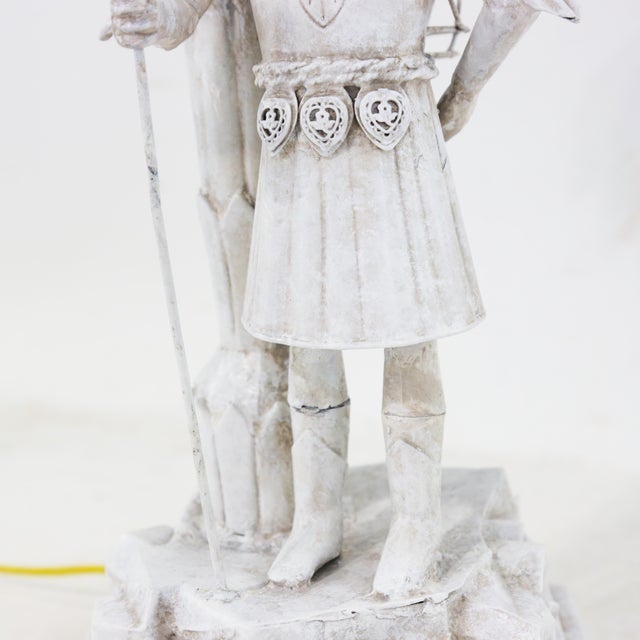 A Unique Pair of White Handmade Metal Antique Lamps, Warrior and Palm Tree Lamps For Sale - Image 9 of 12