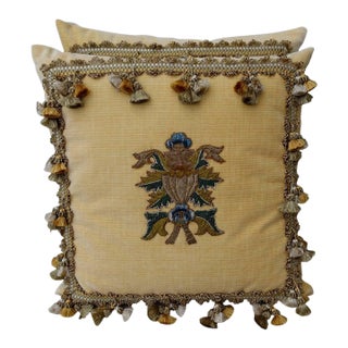 Pair of Custom Velvet Pillows With 18th Century Textile Appliqué For Sale