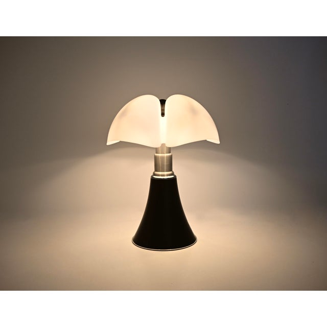 Black metal and plastic lamp by Gae Aulenti. Adjustable height: min: 70cm max: 90cm. Stamped under the lamp. Wear...