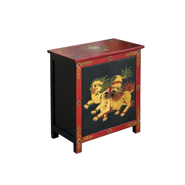 Asian Tibetan Oriental Black Red Foo Dogs Lions End Table Nightstand For Sale - Image 3 of 13