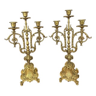 Vintage French Brass Ornate Candleholders, Set of 2 For Sale