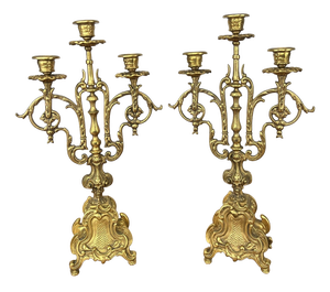 Vintage French Brass Ornate Candleholders, Set of 2