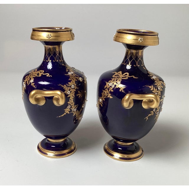 A Diminutive Pair of Cobalt and Gilt Porcelain Neoclassical Cabinet Vases For Sale - Image 4 of 8