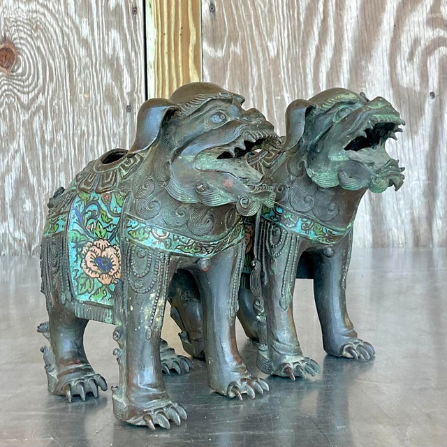 Mid-Century Modern Vintage Asian Patinated Foo Dogs - a Pair For Sale - Image 3 of 7