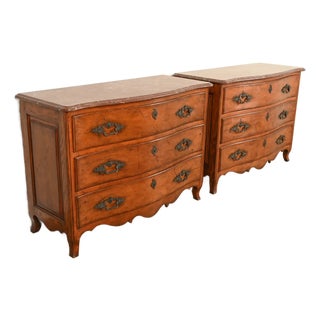 Ralph Lauren French Provincial Louis XV Carved Walnut Marble Top Commodes or Chests of Drawers, Pair For Sale