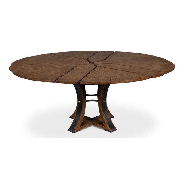 Transitional Round Dining Table, Medium - Light Brown Oak With Hammered Iron Accents For Sale - Image 4 of 11