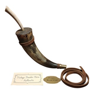 Authentic Hand-Crafted Vintage Powder Horn With Antler Stopper For Sale