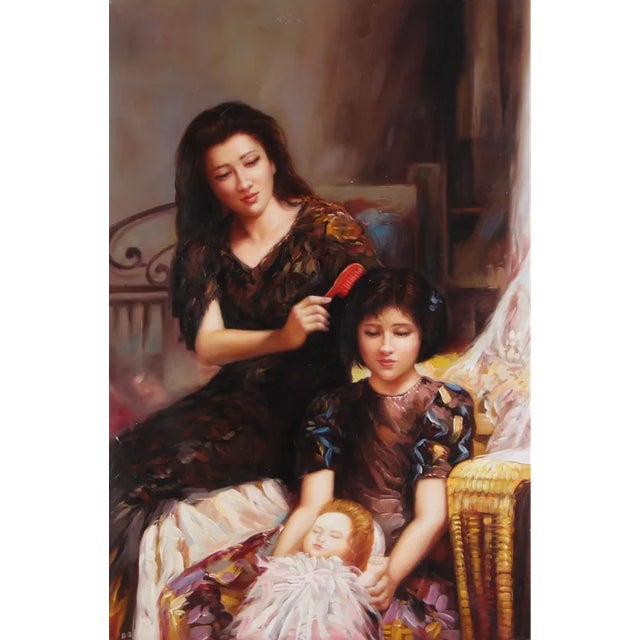 19th C. Oil Painting of Family Woman Mother and Child For Sale - Image 10 of 10