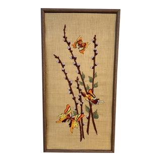 Vintage 1970s Butterflies & Pussywillow Embroidered Wall Decor For Sale