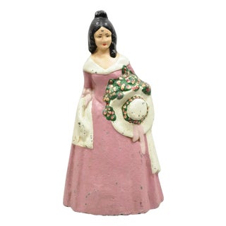 Antique Victorian Tall Cast Iron Painted Figural Woman Pink Dress Door Stop For Sale