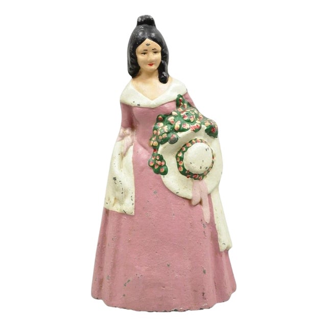 Antique Victorian Tall Cast Iron Painted Figural Woman Pink Dress Door Stop For Sale