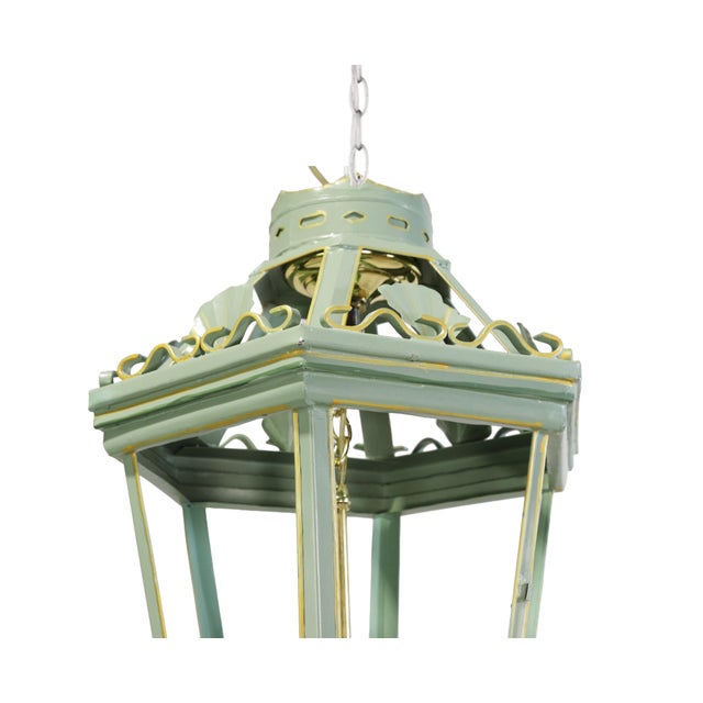 Metal A Vintage “Visual Comfort” Style Iron Celadon Green Chandelier For Sale - Image 7 of 11