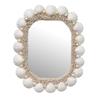 Vintage Coastal Shell Encrusted Wall Mirror – Scallop & Opalescent Sea Shell Frame | Hollywood Regency Coastal Glam For Sale