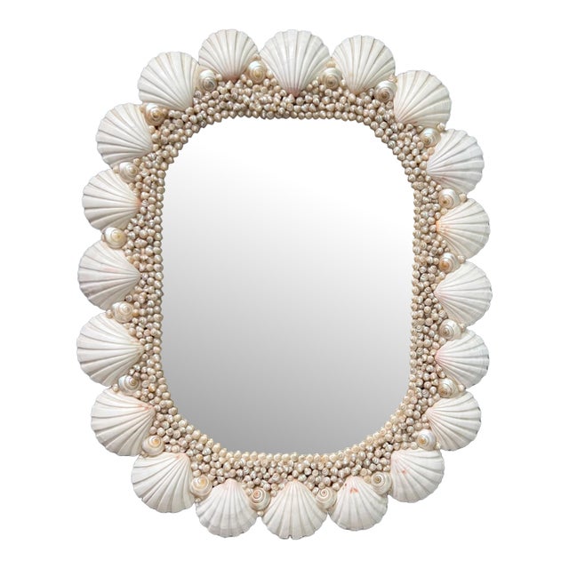 Vintage Coastal Shell Encrusted Wall Mirror – Scallop & Opalescent Sea Shell Frame | Hollywood Regency Coastal Glam For Sale