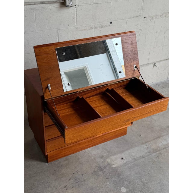 Mid-Century Modern Mid Century Danish Teak Vanity Dresser by Westnofa Flip Top Mirror Chest For Sale - Image 3 of 12