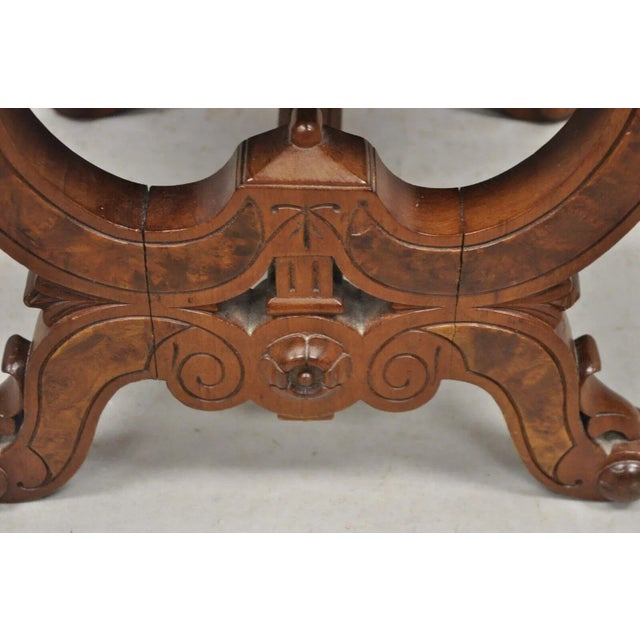 19th Century Antique Eastlake Victorian Burl Walnut Carved Curule Footstool Ottoman For Sale - Image 5 of 11