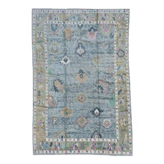 Contemporary Turkish Oushak Rug in Gray-Blue With Beige Border, 9'8" X 14'4" For Sale