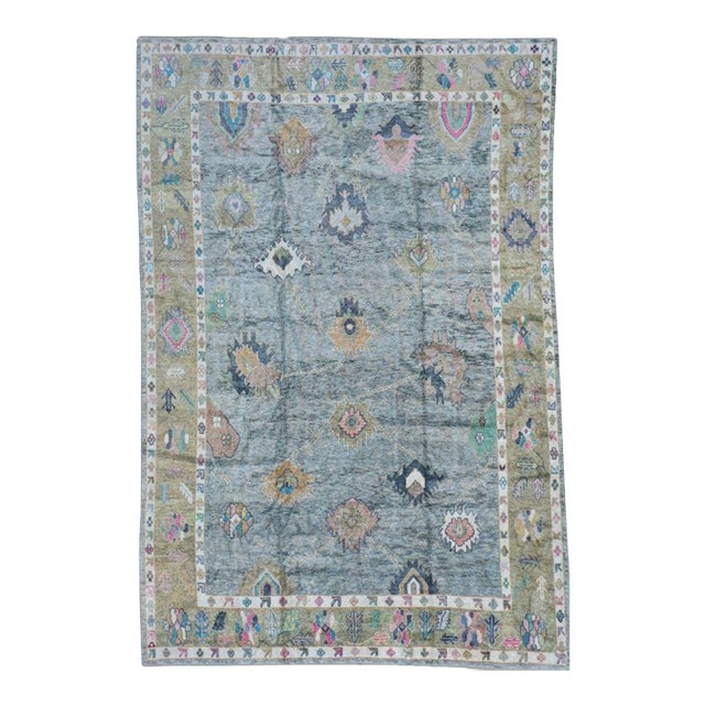 Contemporary Turkish Oushak Rug in Gray-Blue With Beige Border, 9'8" X 14'4" For Sale