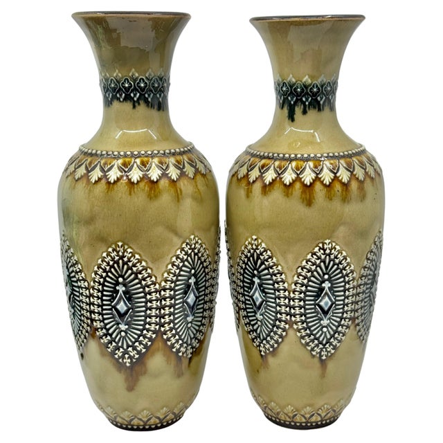 Pair of Doulton Lambeth Salt Glazed Decorated Vases 1884 For Sale - Image 9 of 18