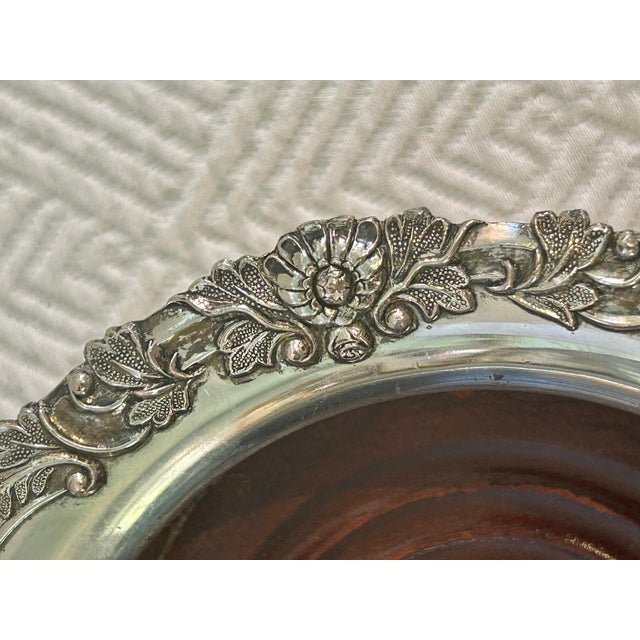 1970s Vintage Heavy Silver Over Copper Wine Bottle Coaster With Turned Wood Base For Sale - Image 5 of 9