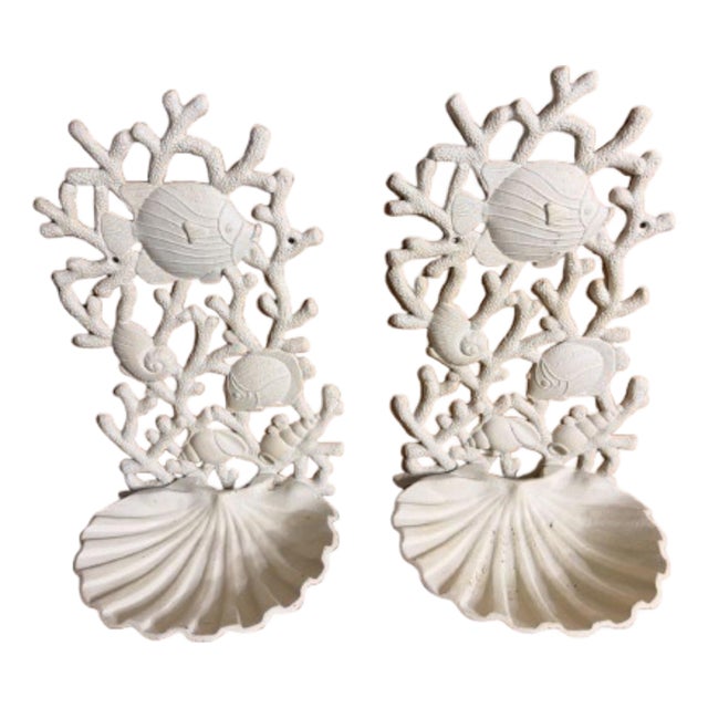 Vintage Coastal Cast - Iron Coral & Seashells Sconces - A Pair For Sale