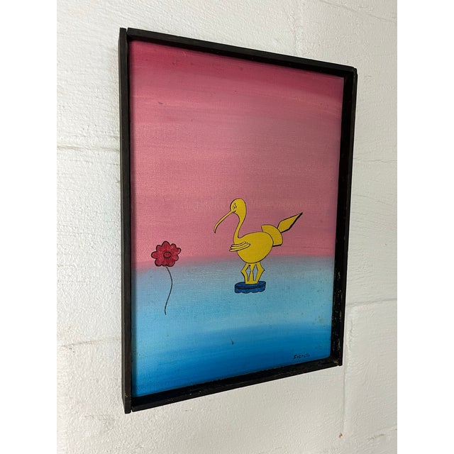 Wood Mid Century Whimsical Painting by Segreto, Surreal Bird or Duck Gradient Ground For Sale - Image 7 of 8