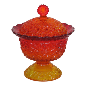 Uranium Amberina Flame Le Smith Daisy and Button Covered Candy Dish Glows 4493b