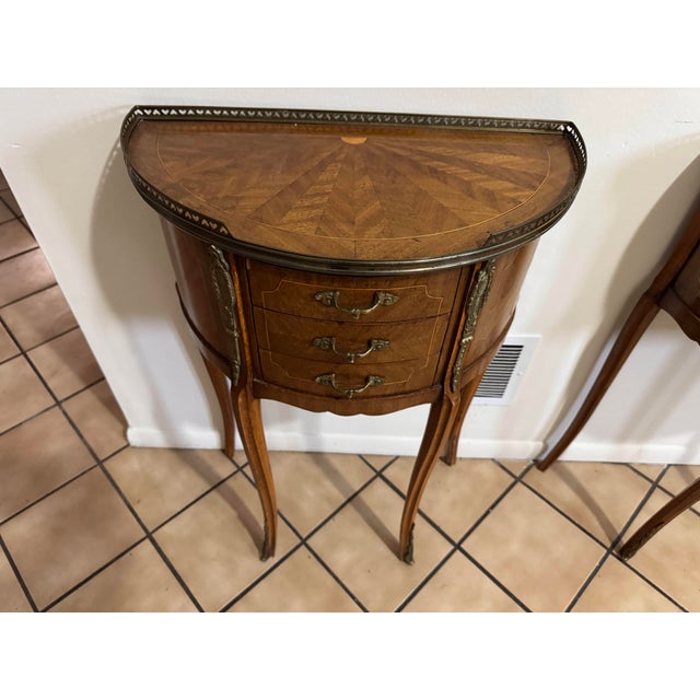 French Pair of Vintage Louis XV Style Demilune Nightstands French Inlaid 3 Drawer Tables For Sale - Image 3 of 17
