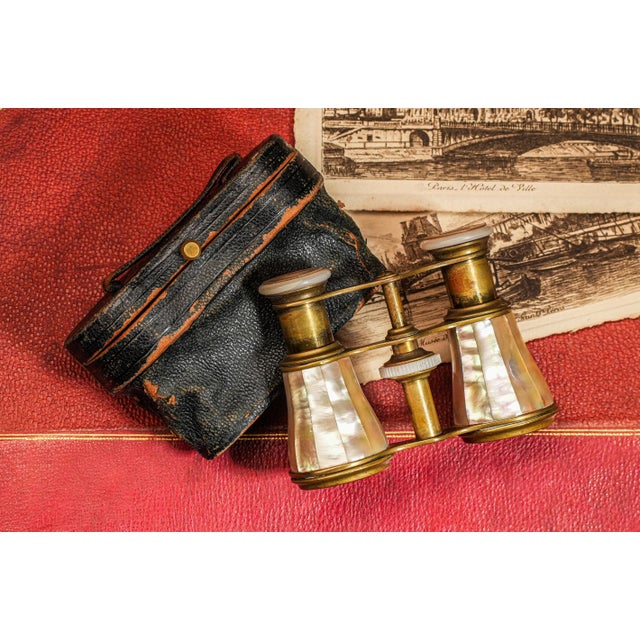 Fantastic Lively Mother of Pearl Duval Paris Antique French Opera Glasses With Leather Case Home Decor Prop For Sale - Image 4 of 12