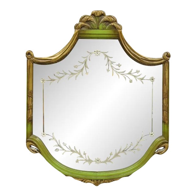 Early 20th Century French Louis XVI Style Plume Swan Carved Green Painted Leafy Etched Wall Mirror For Sale