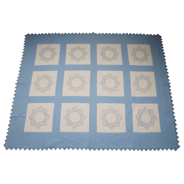 Antique Folk Art Stitched Woven Floral Labyrinth Star Sawtooth Quilt Blanket For Sale - Image 13 of 13