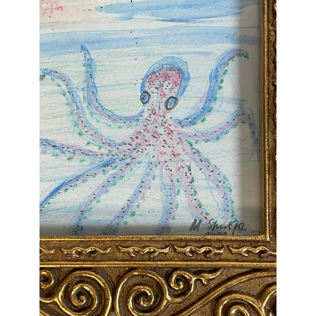 1970s Cute Octopus & Jellyfish Small Art Painting Framed For Sale - Image 4 of 4