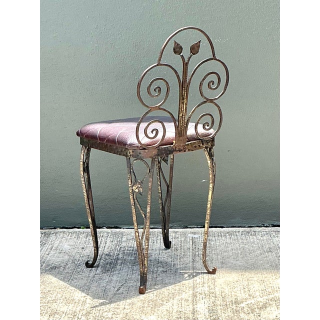 Mid 20th Century Vintage Scroll Wrought Iron Vanity Chair For Sale - Image 5 of 12