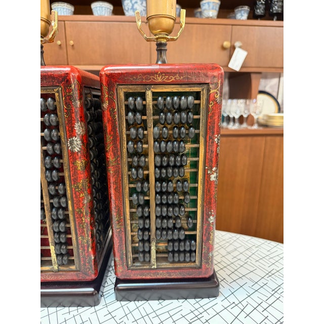 Exceptional Vintage Gilt Wood Chinoiserie Hand Made Lacquered Suanpan/ Abacus Table Lamps a Pair For Sale In Miami - Image 6 of 8