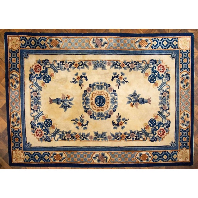 Blue Art Deco Chinese Rug in Wool and Cotton For Sale - Image 8 of 8