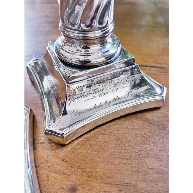 Late 19th Century Pair of 1890 English Silver Plated Football Club Trophy Candlesticks For Sale - Image 5 of 8