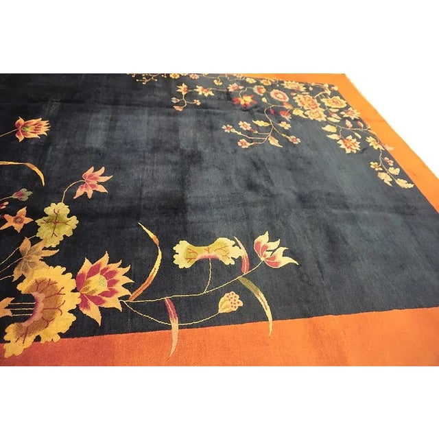 Navy Blue 1920s Navy Blue Floral Antique Chinese Art Deco Carpet 9' X 11'2" Knotetd Wool Rug For Sale - Image 8 of 9