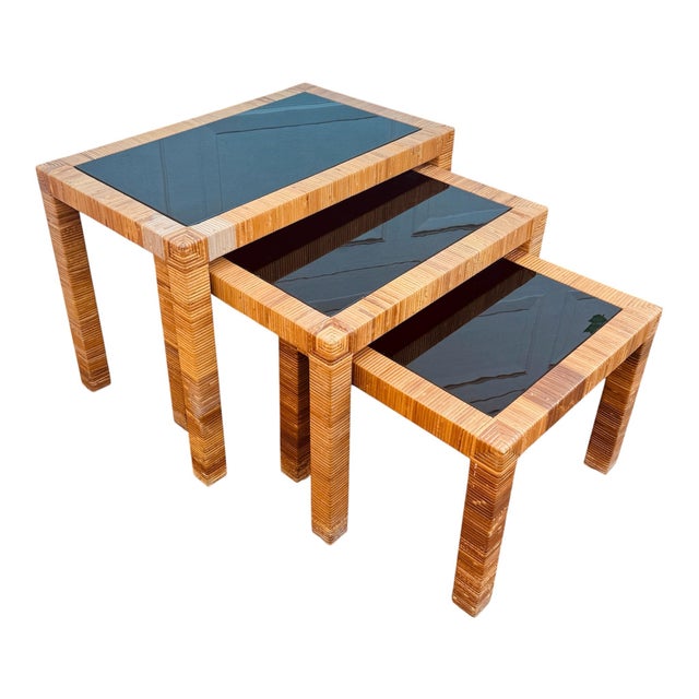 Bielecky Brothers Set of Three Rattan Nesting Tables For Sale - Image 6 of 7