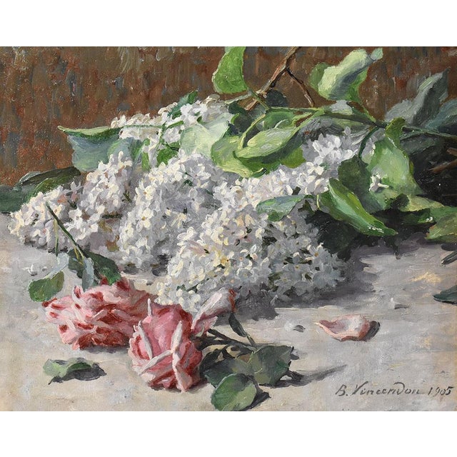 B. Vincendon, Art Nouveau Still Life with Roses and Lilacs, Oil on Canvas, 1905, Framed For Sale - Image 3 of 11